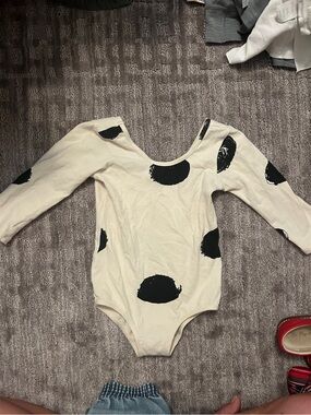 Alice + Ames Cream Long-Sleeve Dance One-Piece with Black Dot Print